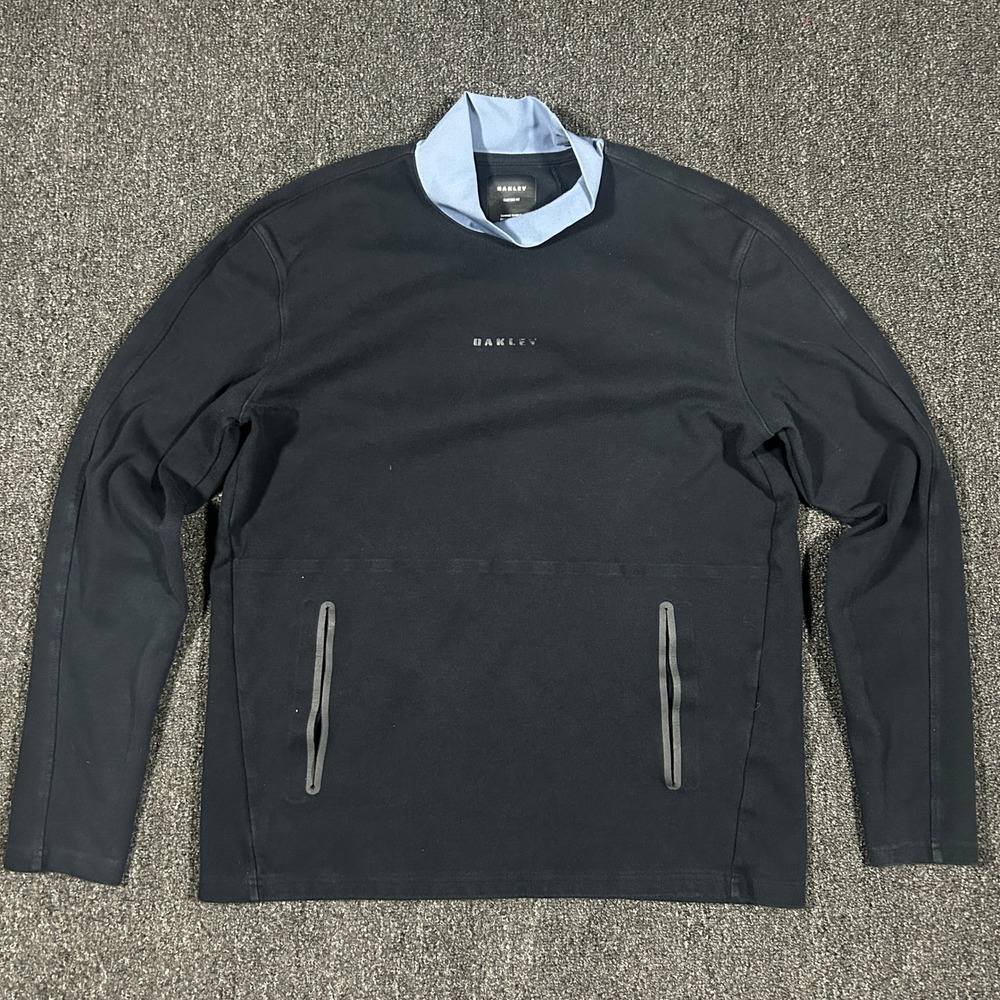 Oakley Pullover Top Mens Medium Black Blue Mock Neck Excellent Zipper Pockets
